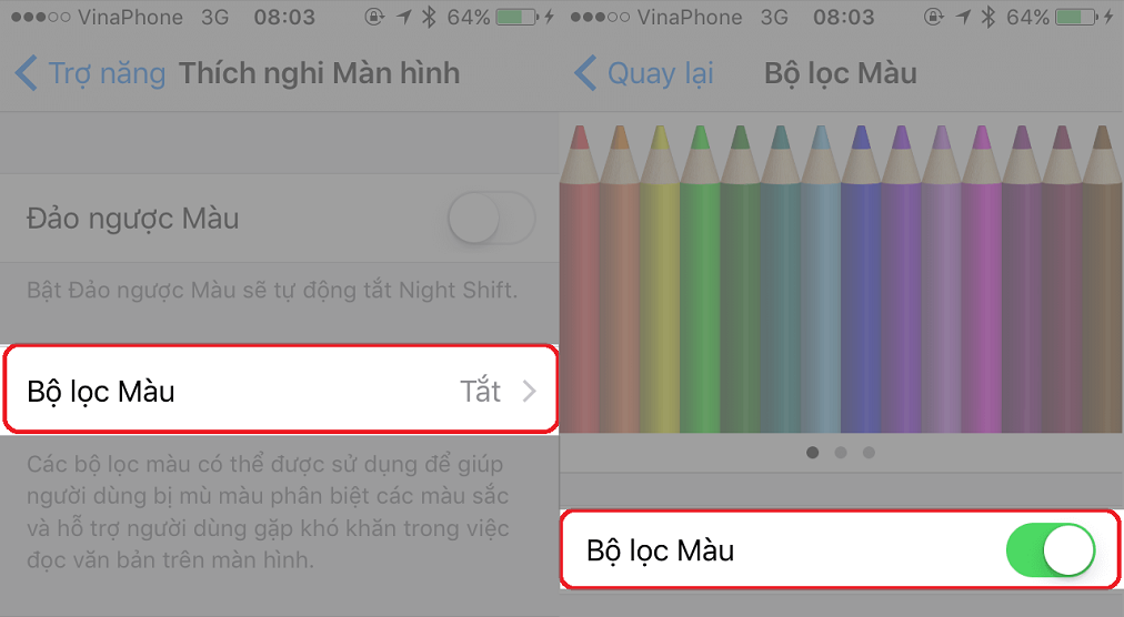 Cách khắc phục lỗi màn hình iPhone 6 bị ố vàng 7 Kích hoạt tính năng "Bộ Lọc Màu" trên máy