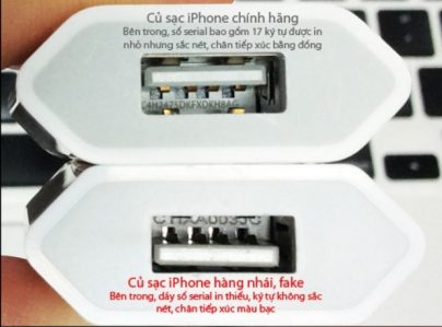 so sánh củ sạc iPhone 6 chính hãng thật và giả