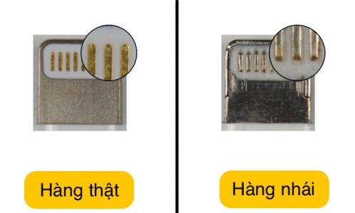 Cách Nhận Biết Cáp Sạc iPhone 6 Chính Hãng 3 Sự khác nhau giữa thật và giả nằm ở phần đầu tiếp xúc của cáp sạc iPhone 6 chính hãng