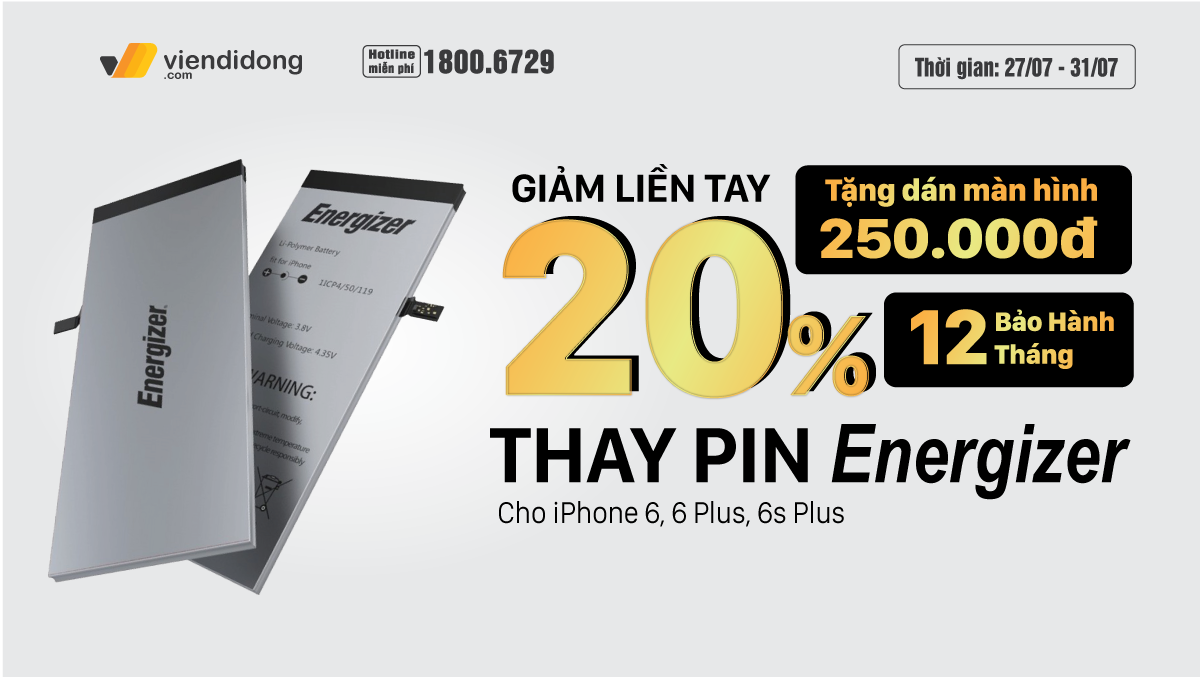 Đến Viện Di Động, giảm ngay 20% khi thay pin Energizer tặng kèm miếng dán màn hình 250k