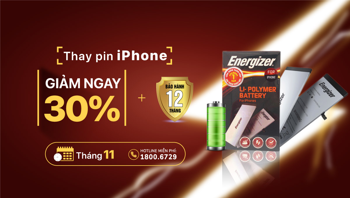 Tháng 11, giảm ngay 30% giá trị khi thay pin Energizer cho iPhone tại Viện Di Động