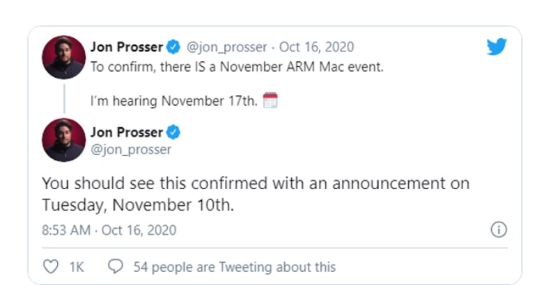 Leakster Jon Prosser báo cáo rằng sự kiện ARM Mac được lên kế hoạch vào ngày 17 tháng 11